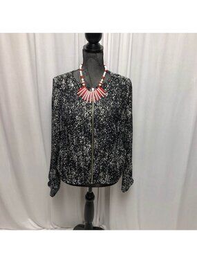 Fever Bomber Jacket Womens Sz Large Black White Speckled Lined Zippered Pockets